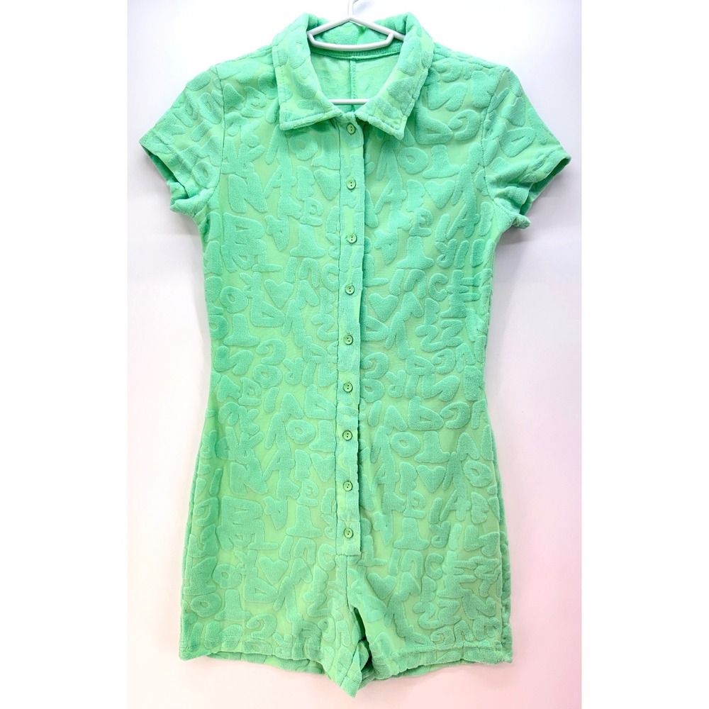 Green Textured Terry Letter Button Front Romper Sz M Y2K Beach Babe Dopamine - Picture 2 of 10